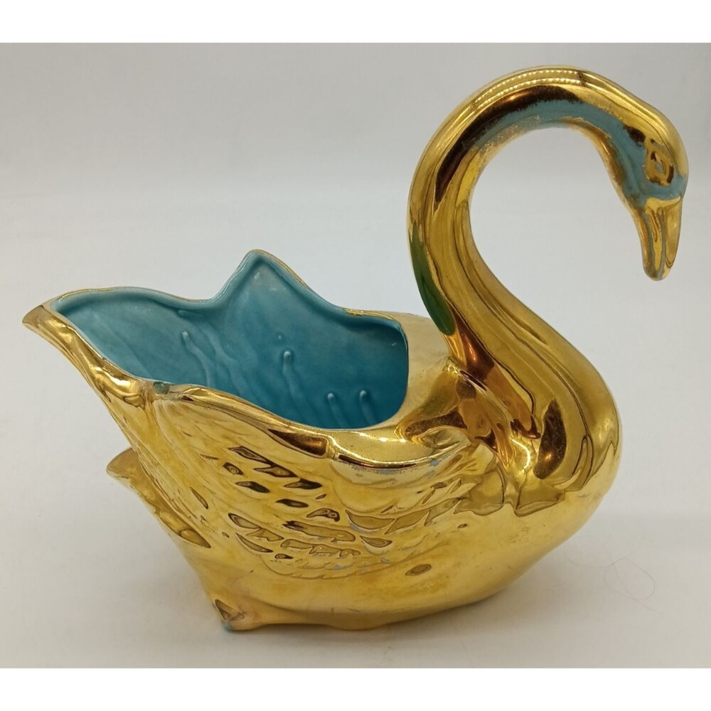 Vtg Fulton's Pottery MCM Swan Gold & Aqua 9" Planter Pot Vase Hollywood Regency